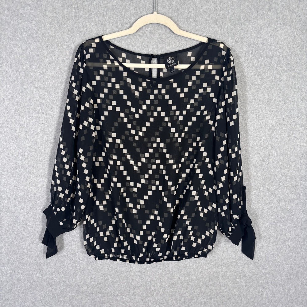 Bobeau Sheer Blouse Small Black Cream Satin Bow Coquette Romantic Feminine Twee